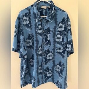 Island Shores Men's Blue Tropical Floral Button Up Hawaiian Shirt Size XL